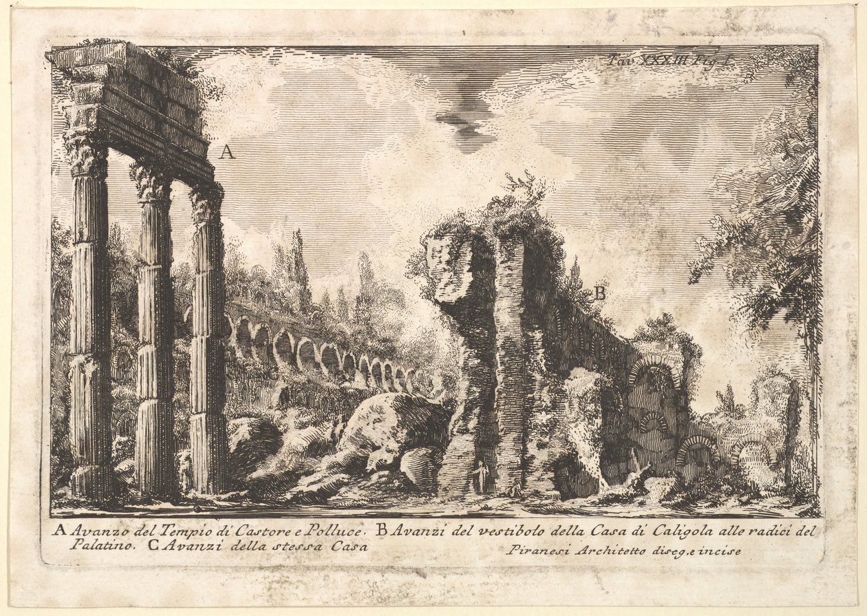 Restos do Templo de Castor e Pólux. . . Avanzo del Tempio di Castore e P ..., século XVIII. de Giovanni Battista Piranesi