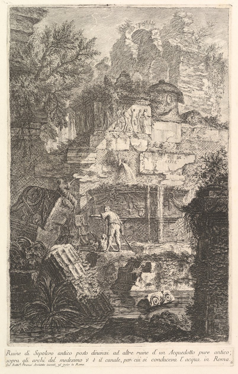 Ruínas de um túmulo antigo em frente a ruínas de um antigo aqueduto Ruine di Sepolcro a ..., ca. 1750 de Giovanni Battista Piranesi