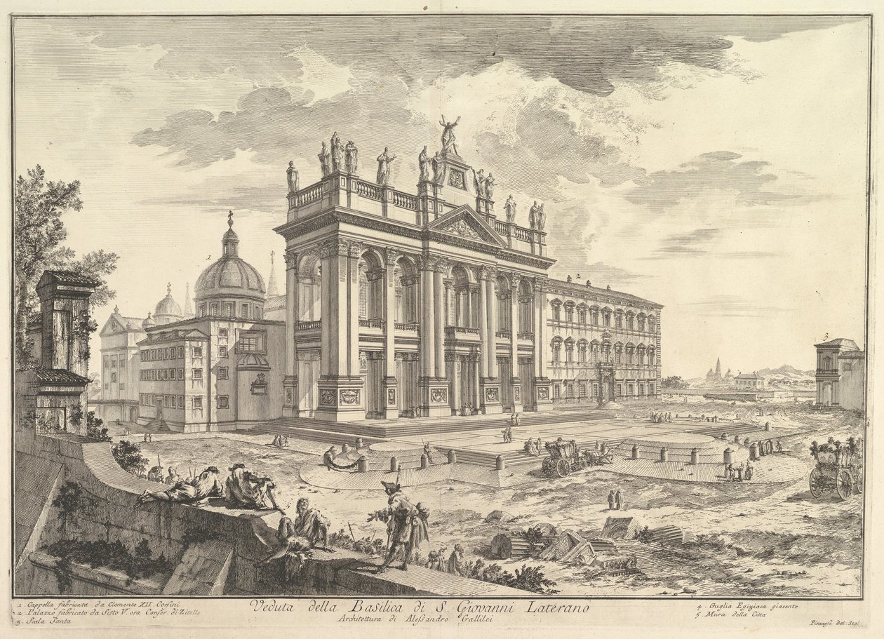 S. Giovanni in Laterano, fachada principal, com o palácio e a Scala Santa à direita (Veduta della Basilica di S. Giovanni Laterano), de «Vedute di Roma» de Giovanni Battista Piranesi