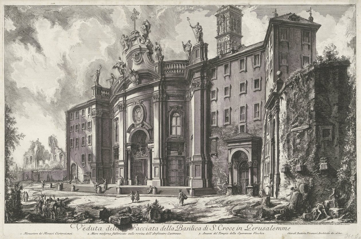 Santa Croce em Gerusalemme te Roma
Vista da Fachada da Basílica de S. Croce em Gerusalemme (título sobre o objecto)
Gezichten op Rome (título da série)
Vistas de Roma desenhadas e gravadas pelo arquitecto Giambattista Piranesi Ve(nez)iano (título da sér de Giovanni Battista Piranesi