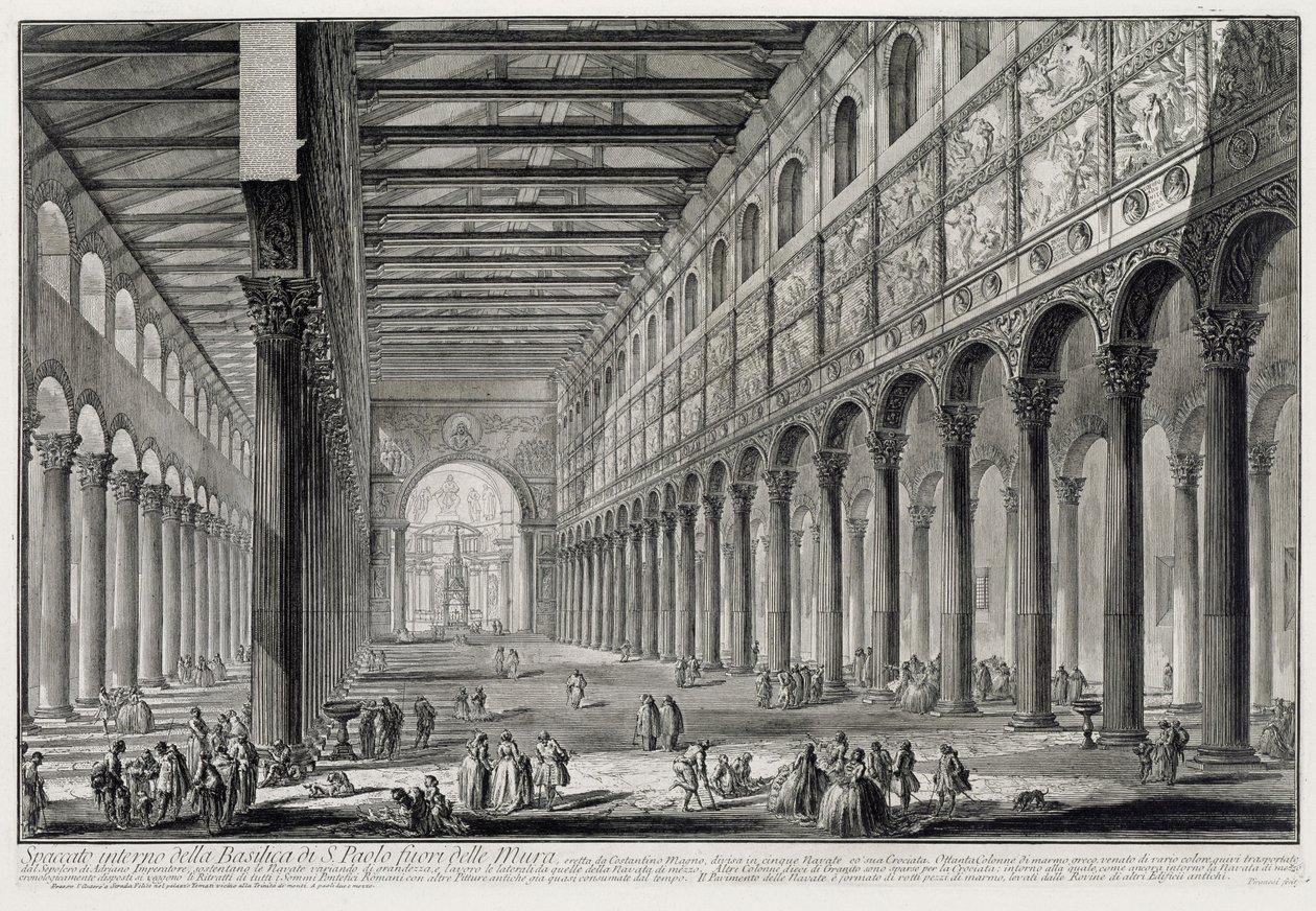 Corte através do interior da Basílica de San Paolo fuori le Mura (de: Vedute di Roma) de Giovanni Battista Piranesi