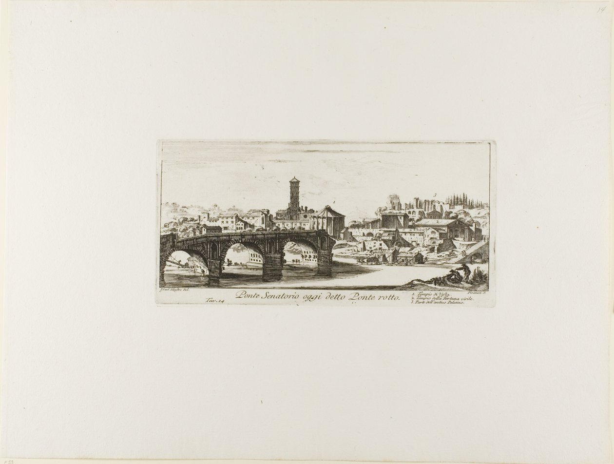 Ponte Senatorial, hoje chamada de Ponte Rotto. 1. Templo de Vesta. 2. Templo da Fortuna Virilis. 3. Parte do antigo Palatino, placa 14 de Algumas Vistas dos Arcos do Triunfo e outros Monumentos de Giovanni Battista Piranesi