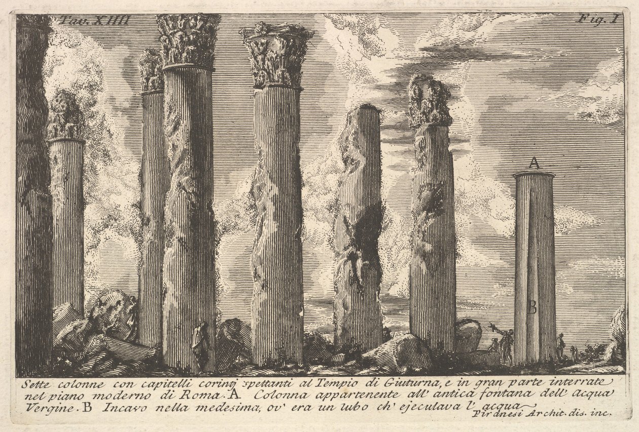Sete colunas do templo de Juturna com capitais coríntias. . . Sette colon ..., século XVIII. de Giovanni Battista Piranesi