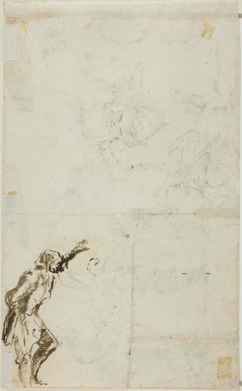 Folha de esboços: homem de pé com braço levantado, querubim de Giovanni Battista Piranesi