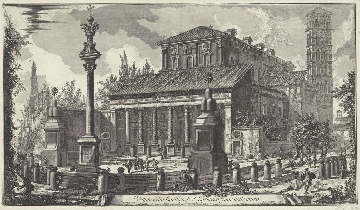 Sint-Laurens buiten de Muren te Roma Vista da Basílica de S. Lorenzo fora das muralhas (título no objeto) Gezichten op Rome (título da série) Vistas de Roma projetadas e gravadas pelo arquiteto Giambattista Piranesi Ve (nez) iano (título da série) de Giovanni Battista Piranesi