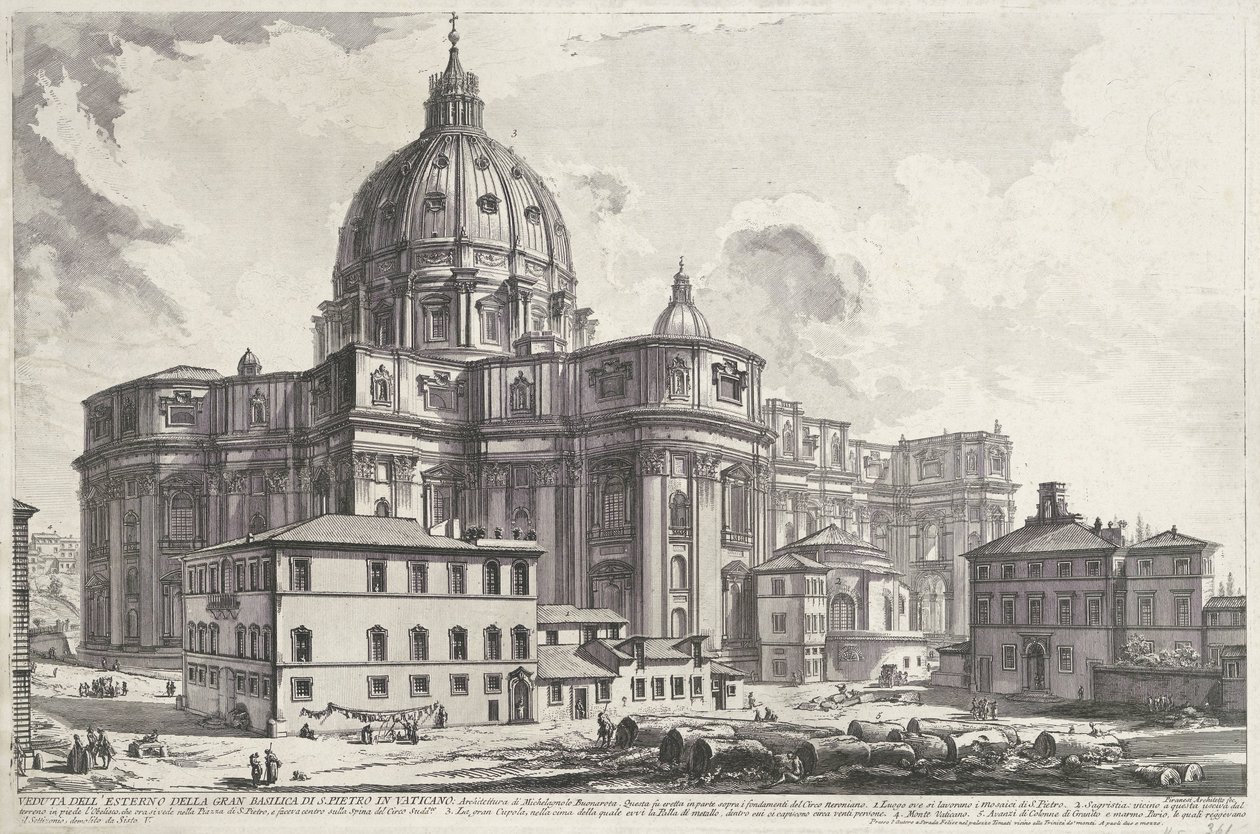 Praça Sint-Pietersbasiliek vanaf da Sacristia Vista do exterior da grande Basílica de São Pedro no Vaticano (título no objeto) Gezichten op Rome (título da série) Vistas de Roma projetadas e gravadas pelo arquiteto Giambattista Piranesi Ve (nez) iano (ser de Giovanni Battista Piranesi