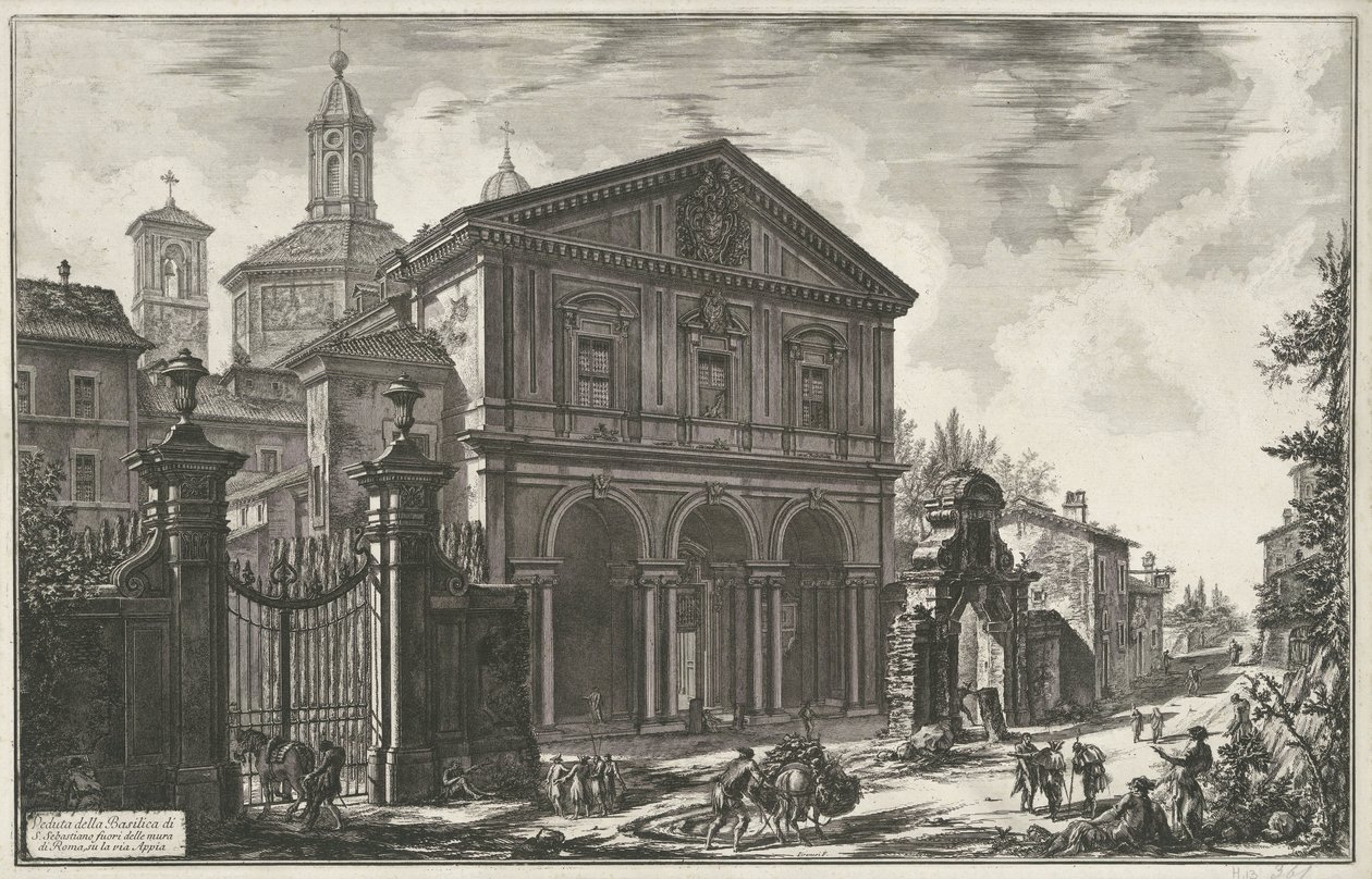 Sint-Sebastiaan buiten de Muren te Rome Vista da Basílica de S. Sebastiano fora dos muros de Roma, na Via Appia (título no objeto) Gezichten op Rome (título da série) Vistas de Roma projetadas e gravadas pelo arquiteto Giambattista Piranesi Ve (nez) ian de Giovanni Battista Piranesi