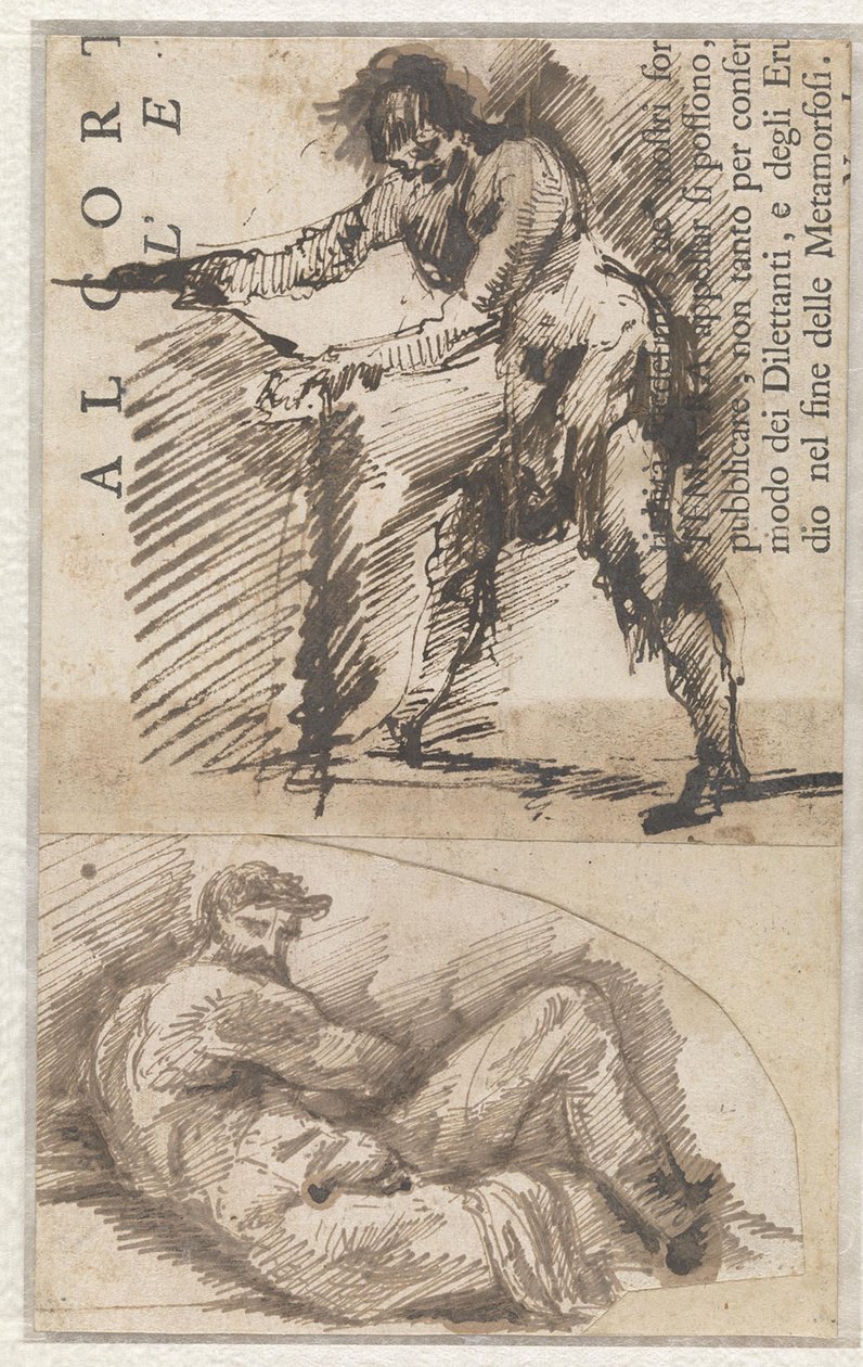 Estudo de uma figura masculina de pé a medir um pedestal (a). Estudo a partir de Il Giorno de Michelangelo (b) de Giovanni Battista Piranesi