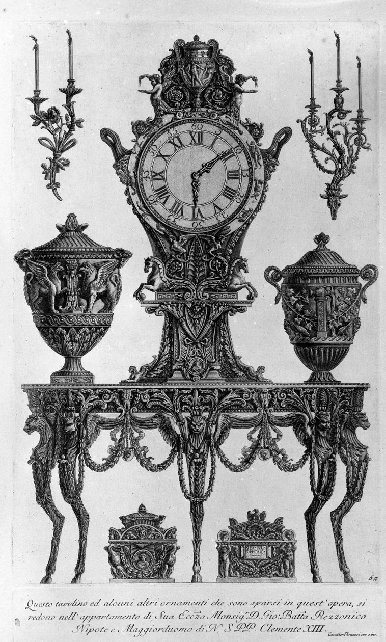 Mesa e decorações para o Bispo Batta Rezzonico, sobrinho e mordomo de Clemente XIII. Desenho de Giovanni Piranesi (conhecido como Piranese) (1720-1778). de Giovanni Battista Piranesi
