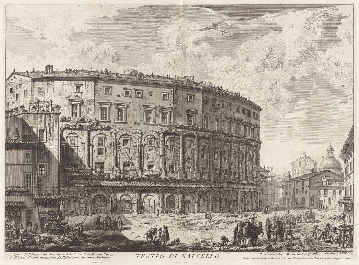 Teatro di Marcello. Questo fu fabricato da Augusto, e dedicato a Marcello suo Nipote (O Teatro de Marcello. Este edifício foi construído por Augusto, e dedicado ao seu sobrinho Marcellus), de Vedute di Roma (Vistas de Roma) de Giovanni Battista Piranesi