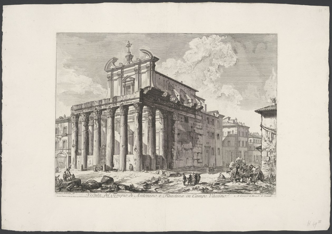 Tempel van Antoninus en Faustina te Rome
Vista do Templo de Antoninus e Faustina em Campo Vaccino (título sobre o objecto)
Gezichten op Rome (título da série)
Vistas de Roma desenhadas e gravadas pelo arquitecto Giambattista Piranesi Ve(nez)iano (título de Giovanni Battista Piranesi