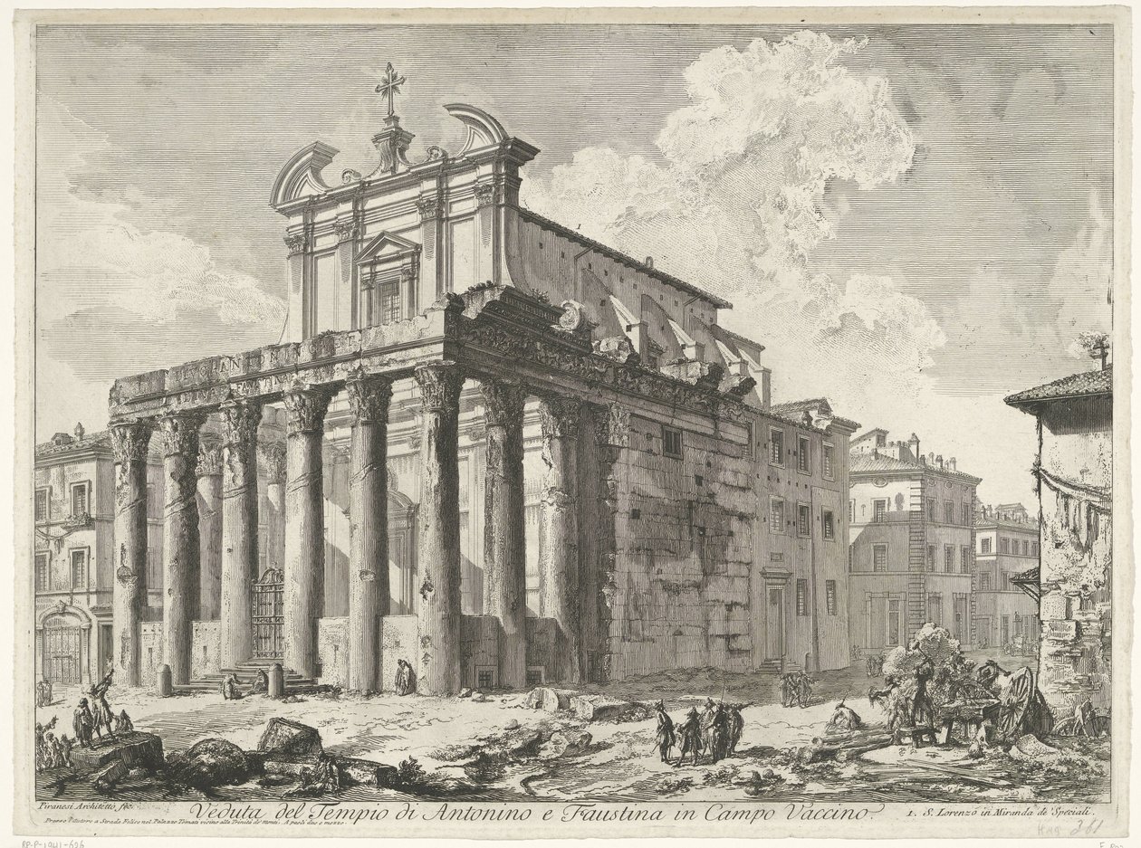 Tempel van Antoninus en Faustina te Rome
Vista do Templo de Antoninus e Faustina em Campo Vaccino (título sobre o objecto)
Gezichten op Rome (título da série)
Vistas de Roma desenhadas e gravadas pelo arquitecto Giambattista Piranesi Ve(nez)iano (título de Giovanni Battista Piranesi