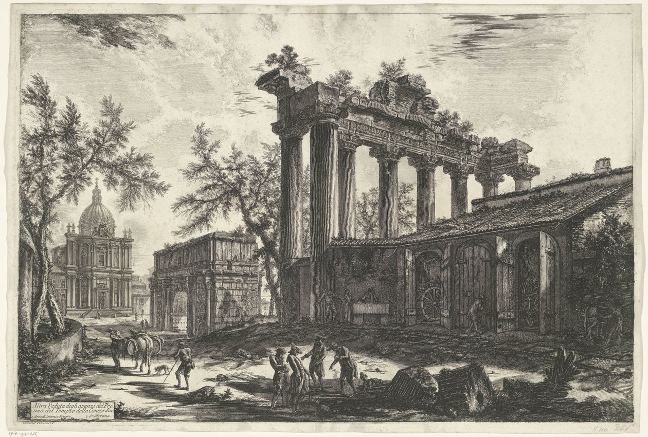 Tempel van Saturnus te Rome
Outra visão dos restos do Pronao do Templo de Concordia (título sobre o objecto)
Gezichten op Rome (título da série)
Vistas de Roma desenhadas e gravadas pelo arquitecto Giambattista Piranesi Ve(nez)iano (título da série) de Giovanni Battista Piranesi