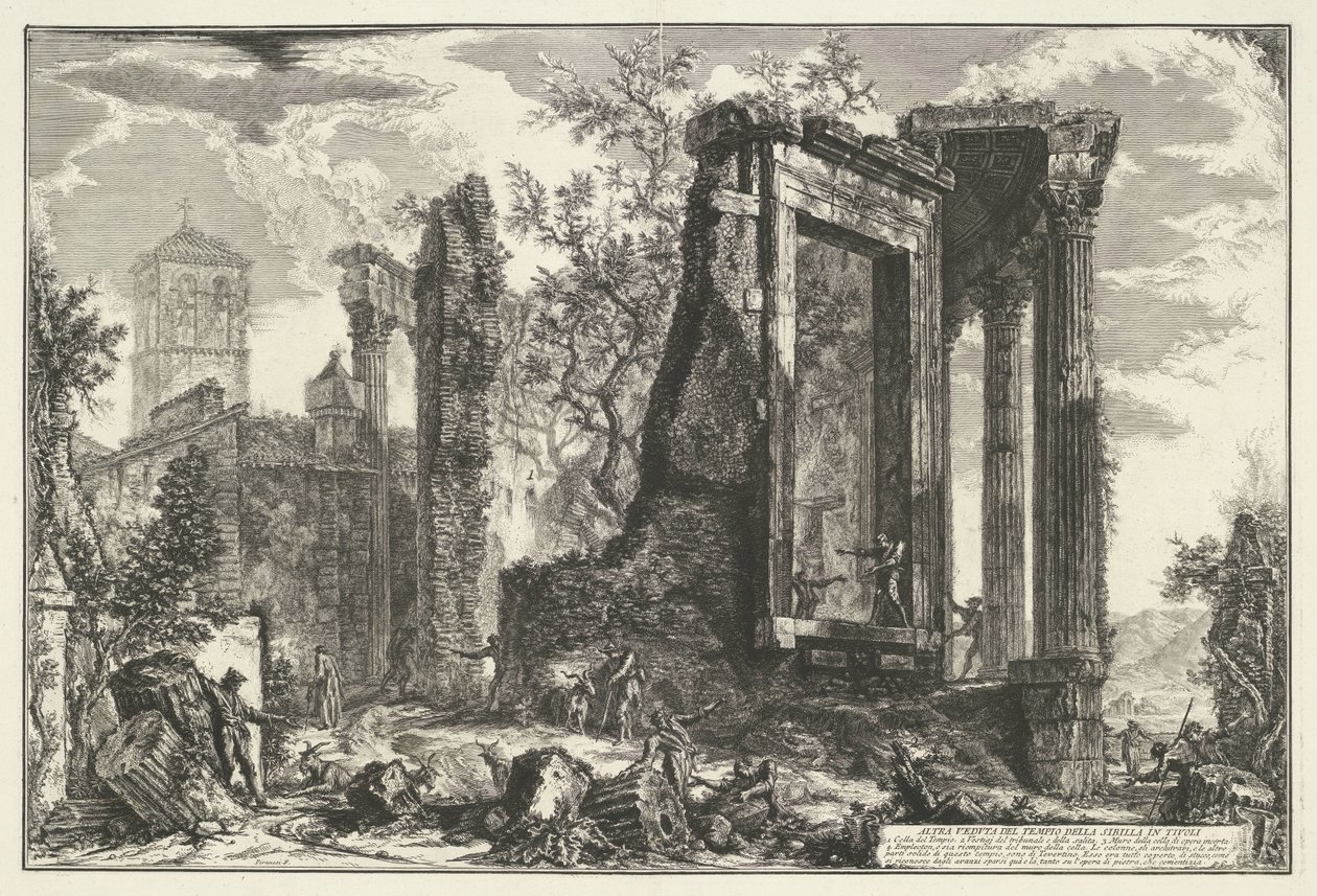 Tempel van Vesta en de Tempel van de Tiburtijnse Sibille em Tivoli Outra Vista do Templo da Sibila em Tivoli (título no objeto) Gezichten op Rome (título da série) Vistas de Roma projetadas e gravadas pelo arquiteto Giambattista Piranesi Ve (nez) iano (ser de Giovanni Battista Piranesi