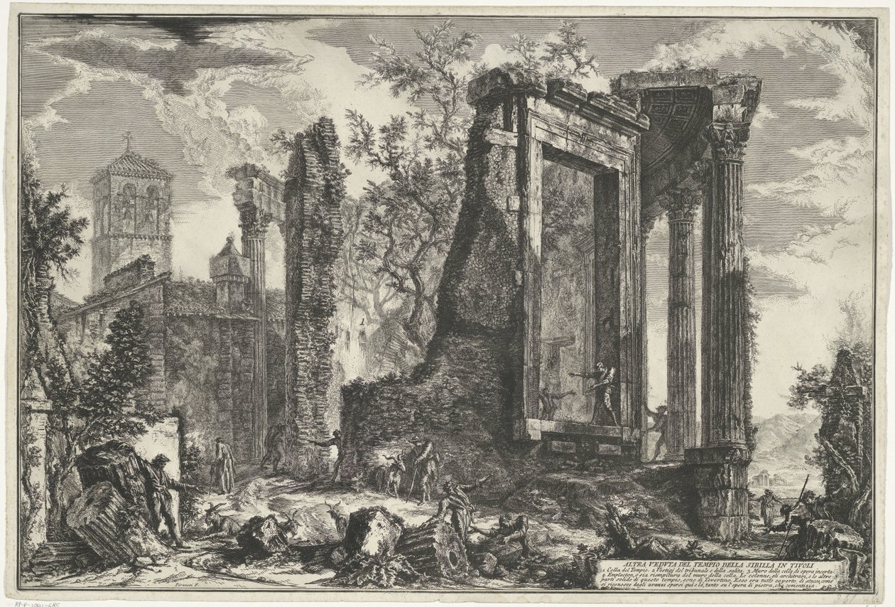 Tempel van Vesta en de Tempel van de Tiburtijnse Sibille em Tivoli Outra Vista do Templo da Sibila em Tivoli (título no objeto) Gezichten op Rome (título da série) Vistas de Roma projetadas e gravadas pelo arquiteto Giambattista Piranesi Ve (nez) iano (ser de Giovanni Battista Piranesi