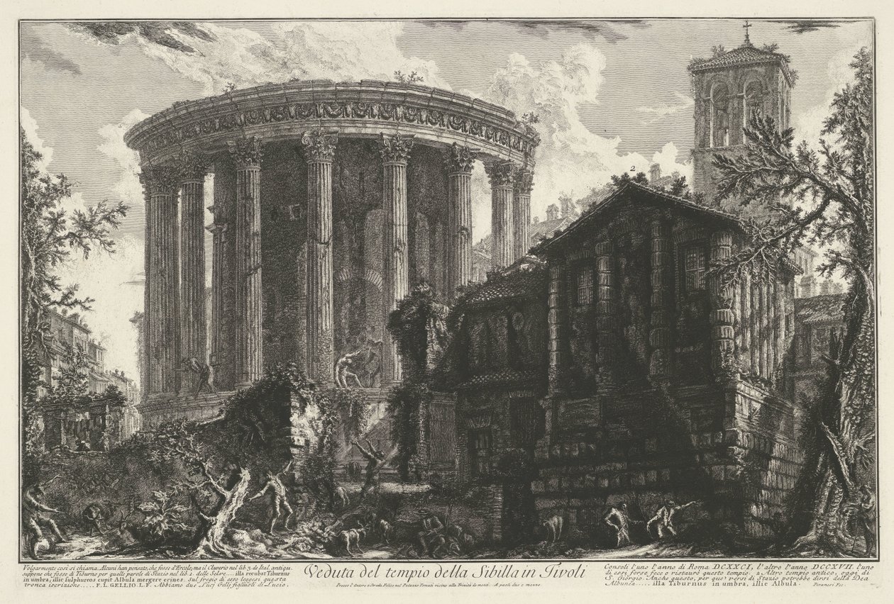 Tempel van Vesta en de Tempel van de Tiburtijnse Sibille em Tivoli Vista do templo da Sibila em Tivoli (título no objeto) Gezichten op Rome (título da série) Vistas de Roma projetadas e gravadas pelo arquiteto Giambattista Piranesi Ve (nez) iano (série ti de Giovanni Battista Piranesi
