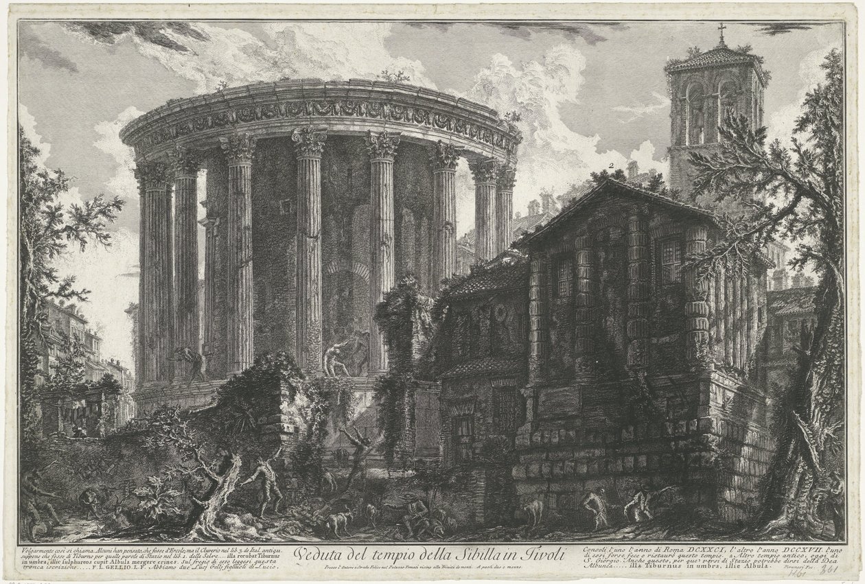 Tempel van Vesta en de Tempel van de Tiburtijnse Sibille em Tivoli Vista do templo da Sibila em Tivoli (título no objeto) Gezichten op Rome (título da série) Vistas de Roma projetadas e gravadas pelo arquiteto Giambattista Piranesi Ve (nez) iano (série ti de Giovanni Battista Piranesi