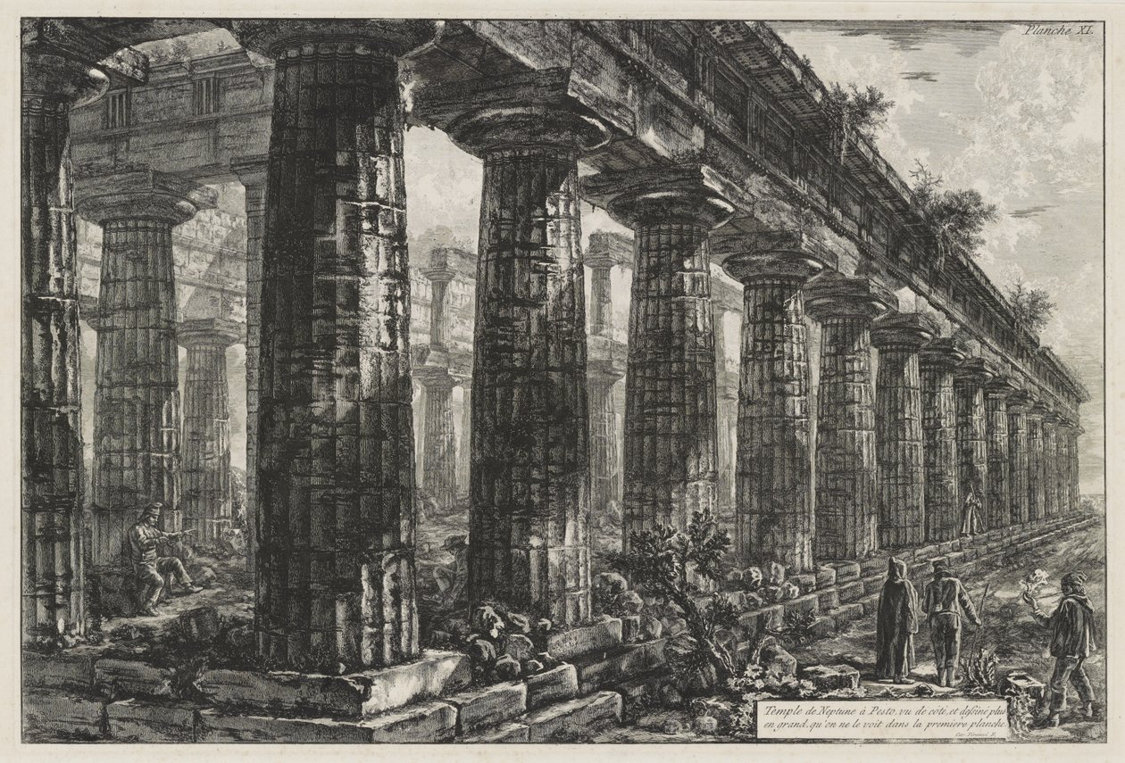 Templo de Neptuno em Paestum, visto de lado e desenhado numa escala maior do que se vê na primeira prancha, de Différentes vues de ... Pesto (Differen de Giovanni Battista Piranesi
