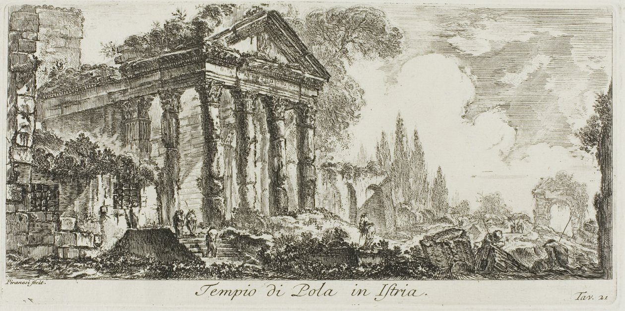 Templo de Pola na Ístria, placa 21 de algumas vistas dos arcos do triunfo e outros monumentos de Giovanni Battista Piranesi