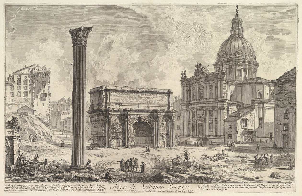 O Arco de Septímio Severo, com a igreja de S. Martina à direita (Arco di Settimio Severo), de «Vedute di Roma» de Giovanni Battista Piranesi