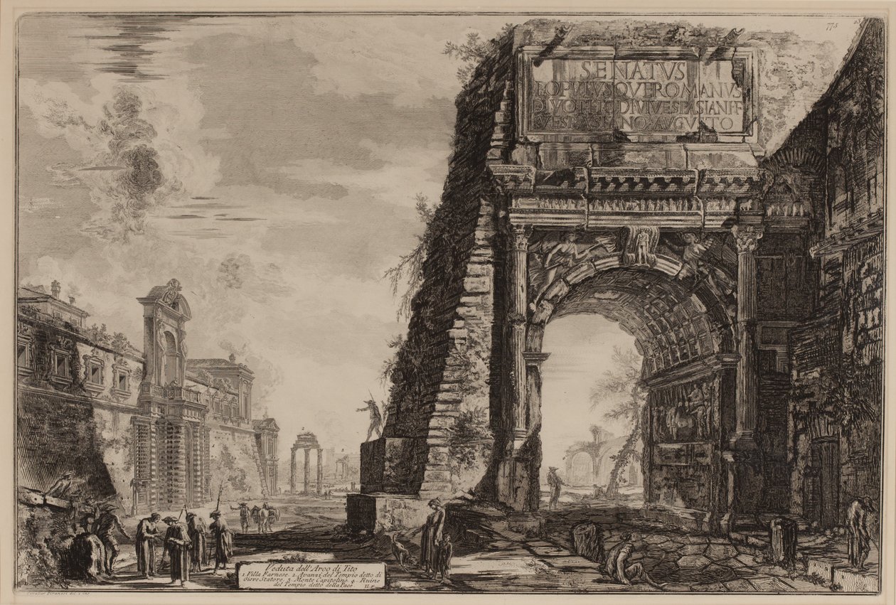 O Arco de Tito com o Casino Farnese à esquerda, c.1760-78 (gravura) de Giovanni Battista Piranesi