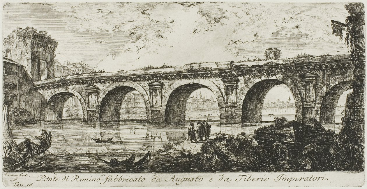 A ponte em Rimini construída pelos imperadores Augusto e Tibério, placa 16 de algumas vistas dos arcos do triunfo e outros monumentos de Giovanni Battista Piranesi