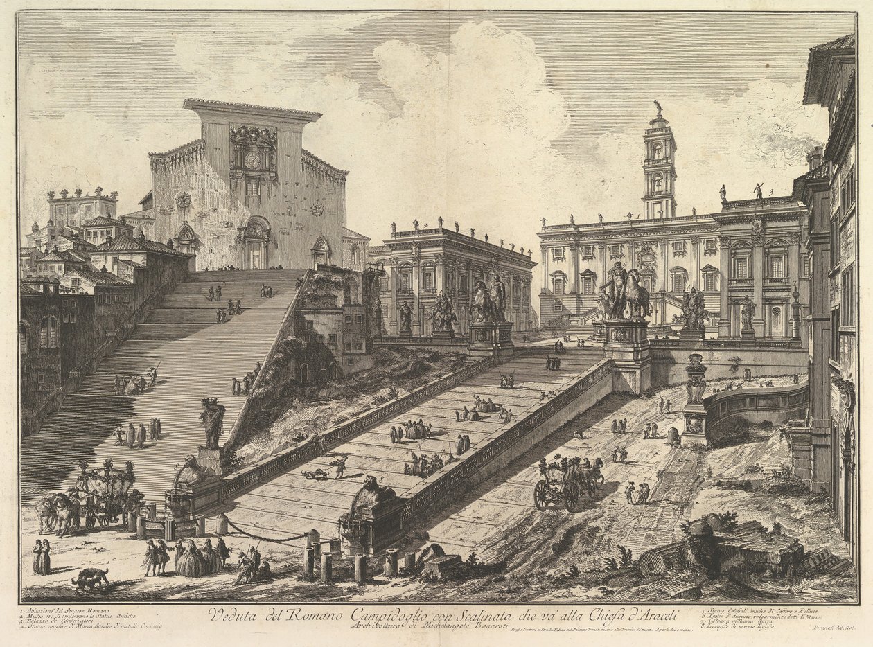 O Capitólio e os degraus de S. Maria em Aracoeli Vista do Camipidoglio romano com ..., ca. 1775 de Giovanni Battista Piranesi