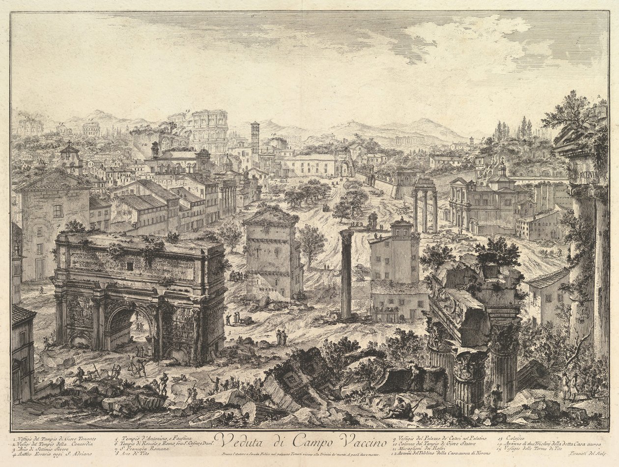 O Fórum Romano, ou Campo Vaccino, do Capitólio, com o Arco de Septímio em ca ..., ca. 1775 de Giovanni Battista Piranesi