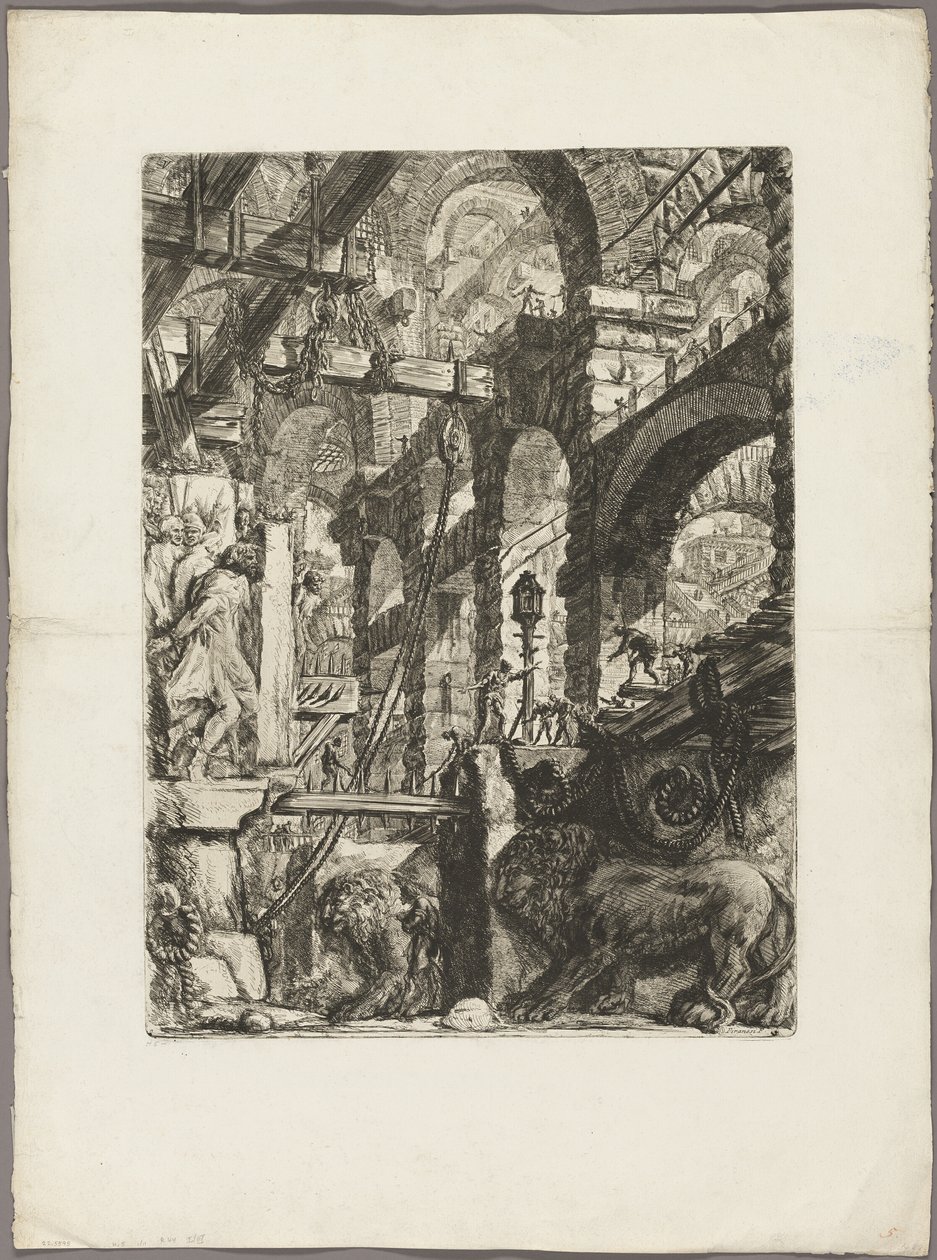 Os baixos-relevos do leão, placa 5 de prisões imaginárias de Giovanni Battista Piranesi