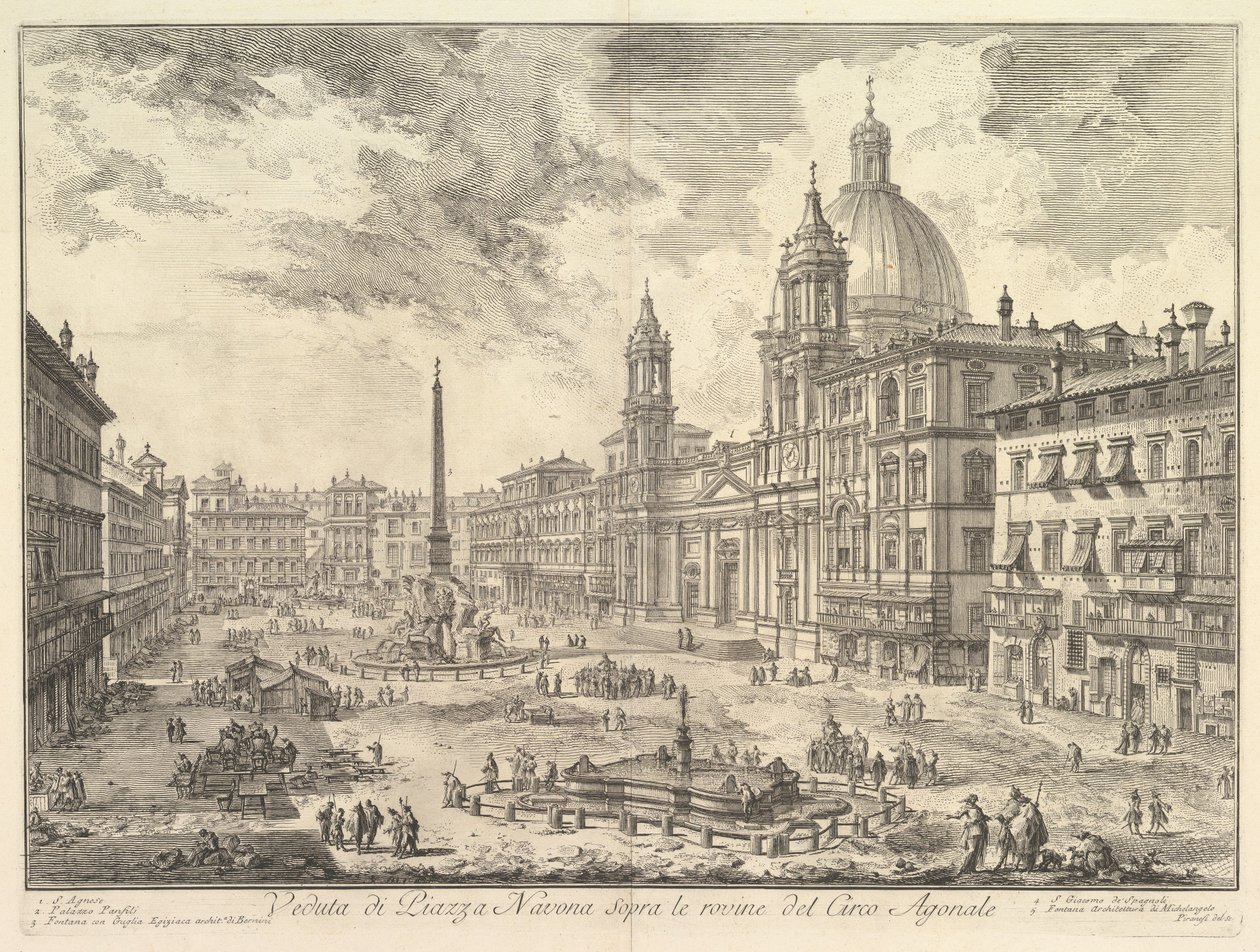 A Piazza Navona, Roma, sobre as ruínas do Circo de Domiciano, a igreja de Sant
