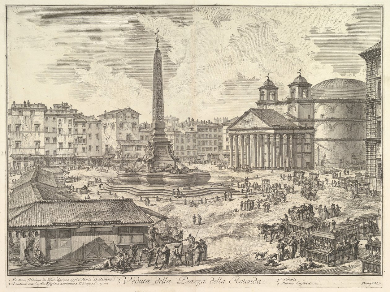 A Piazza della Rotonda, com o Panteão e Obelisco Vista da Piazza della Rot ..., ca. 1751 de Giovanni Battista Piranesi