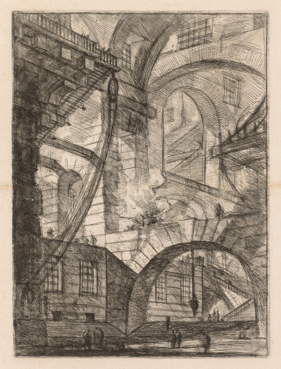 As prisões: uma perspectiva de arcos com um fogo fumegante de Giovanni Battista Piranesi