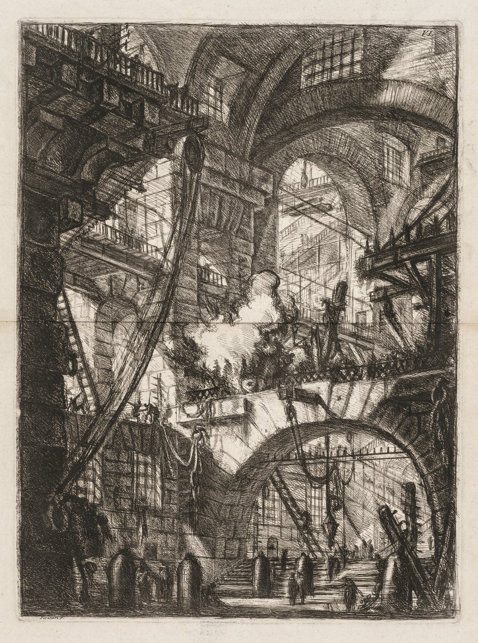 As prisões: uma perspectiva de arcos com um fogo fumegante no centro de Giovanni Battista Piranesi