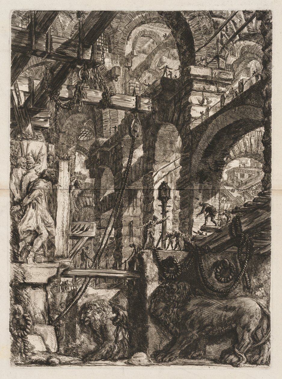 As prisões: uma perspectiva dos arcos romanos, com dois leões esculpidos em relevo ..., 1745-50. de Giovanni Battista Piranesi