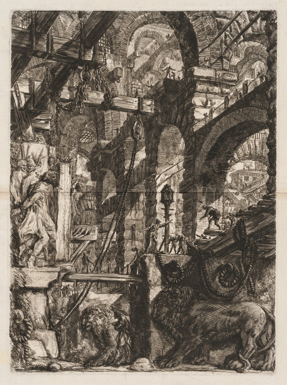 As prisões: uma perspectiva de arcos romanos, com dois leões esculpidos em relevo em lajes de pedra em primeiro plano de Giovanni Battista Piranesi