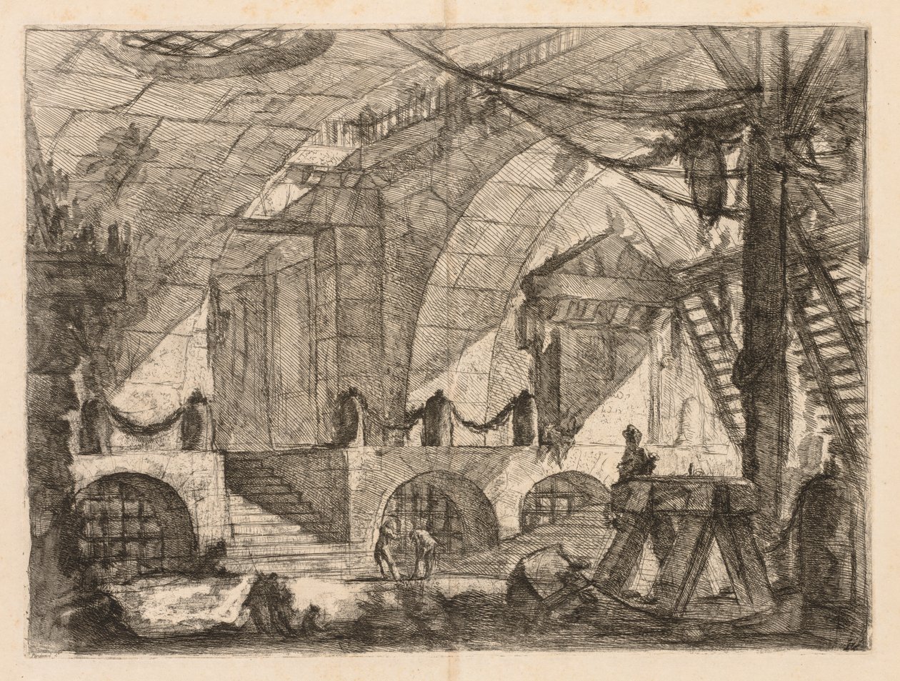 As prisões: uma câmara arqueada com postes e correntes de Giovanni Battista Piranesi