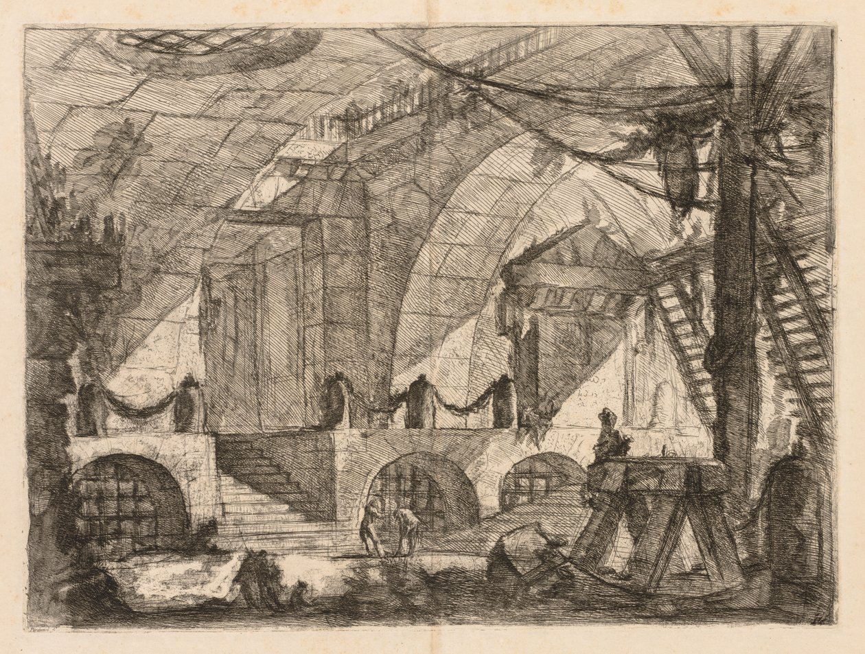 As prisões: uma câmara arqueada com cargos e correntes, 1745-1750. de Giovanni-Battista Piranesi