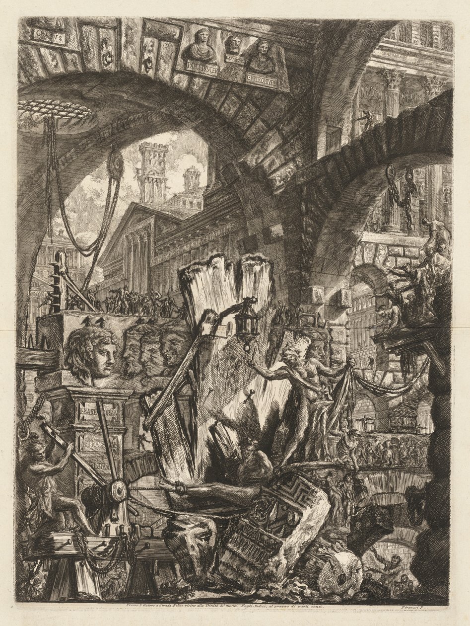 As prisões: uma medalha arquitetônica, com um homem na rocha em primeiro plano, 1745-50. de Giovanni Battista Piranesi