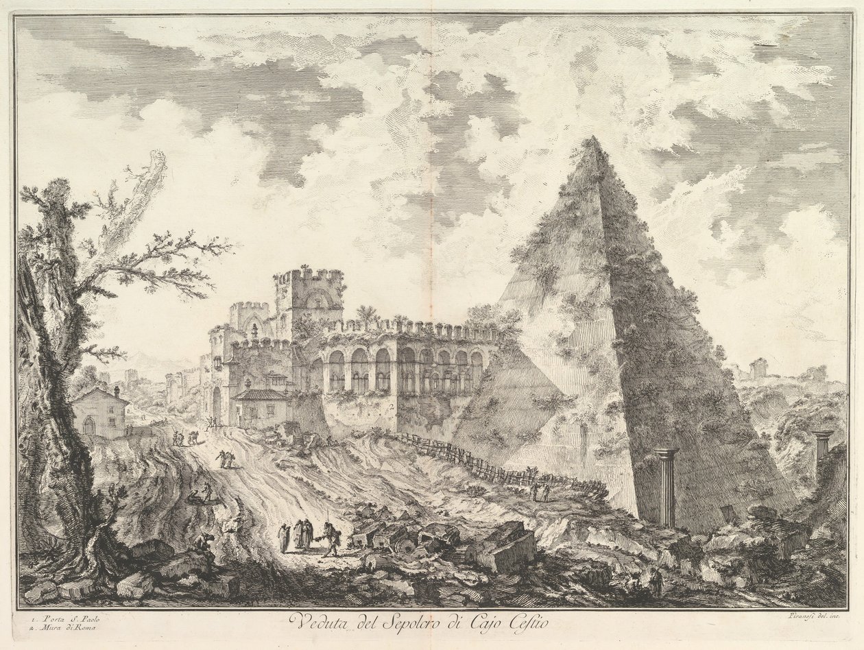 A pirâmide de Caius Cestius, com a Porta S. Paolo e a estrada adjacente Veduta del S ..., ca. 1755 de Giovanni Battista Piranesi