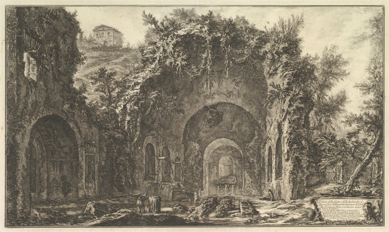 A chamada Gruta da Egeria Vista da fonte e das cavernas do Egito fora do ..., ca. 1766 de Giovanni Battista Piranesi