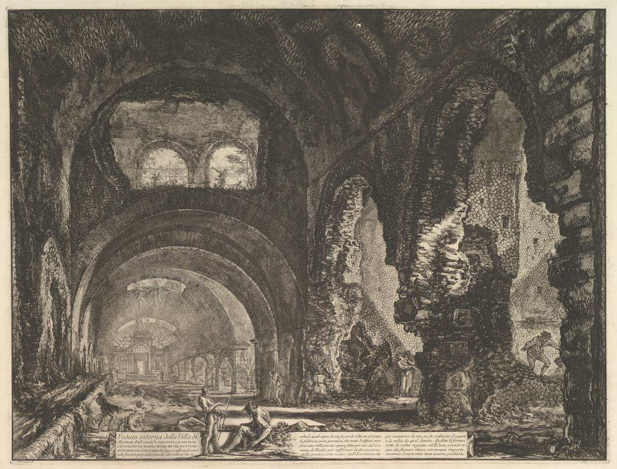 A chamada Villa de Mecenas em Tivoli. Interior com duas figuras na abertura de ..., ca. 1764 de Giovanni Battista Piranesi