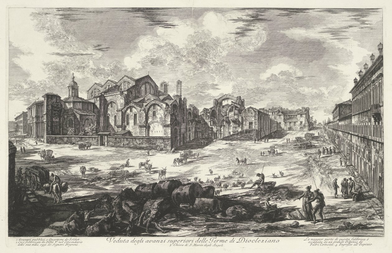 Thermen van Diocletianus te Rome
Vista dos restos mortais superiores dos Banhos de Diocleciano (título sobre o objecto)
Gezichten op Rome (título da série)
Vistas de Roma desenhadas e gravadas pelo arquitecto Giambattista Piranesi Ve(nez)iano (título da de Giovanni Battista Piranesi