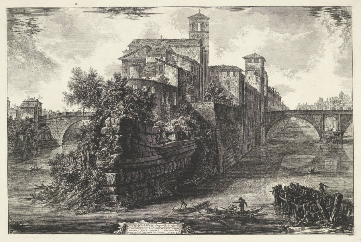 Tibereiland te Roma
Vista da Ilha do Tibre (título sobre o objecto)
Gezichten op Rome (título da série)
Vistas de Roma desenhadas e gravadas pelo arquitecto Giambattista Piranesi Ve(nez)iano (título da série) de Giovanni Battista Piranesi