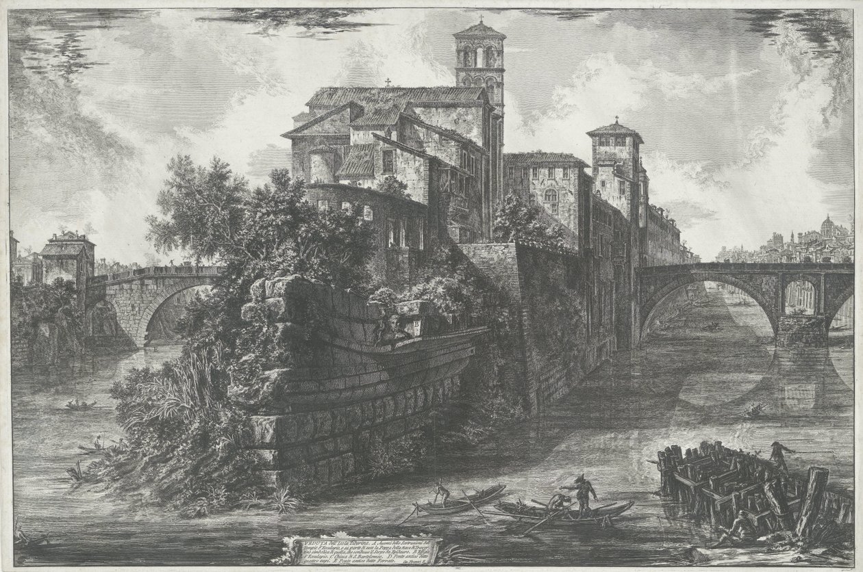 Tibereilândia te Roma Vista da Ilha Tiberina (título no objeto) Gezichten op Rome (título da série) Vistas de Roma projetadas e gravadas pelo arquiteto Giambattista Piranesi Ve (nez) iano (título da série) de Giovanni Battista Piranesi