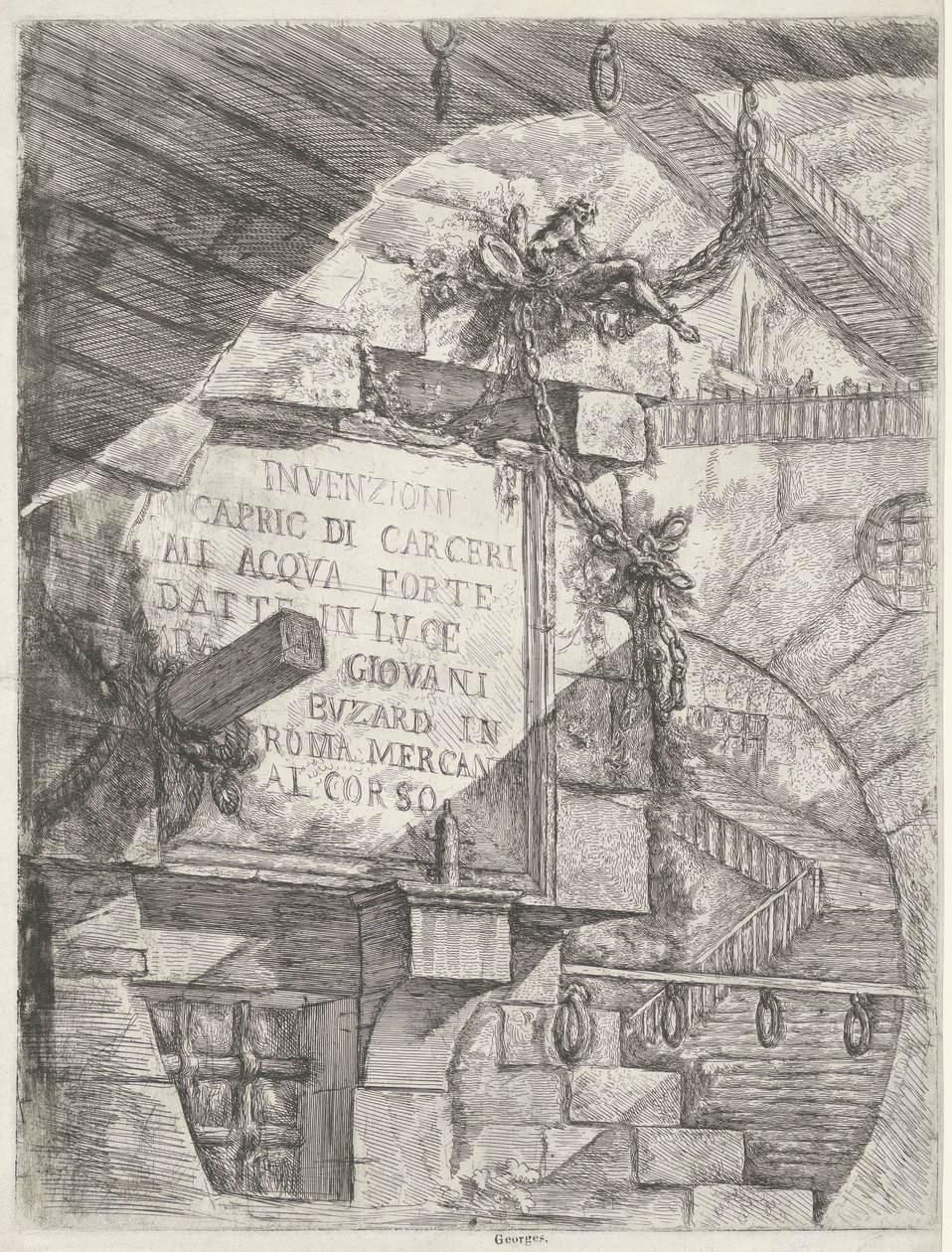 Impressão de título com rosto em calabouço e título na parede
Masmorras (título da série)
Invenzioni Capric di Carceri all Acqua Forte (título da série sobre o objecto) de Giovanni Battista Piranesi