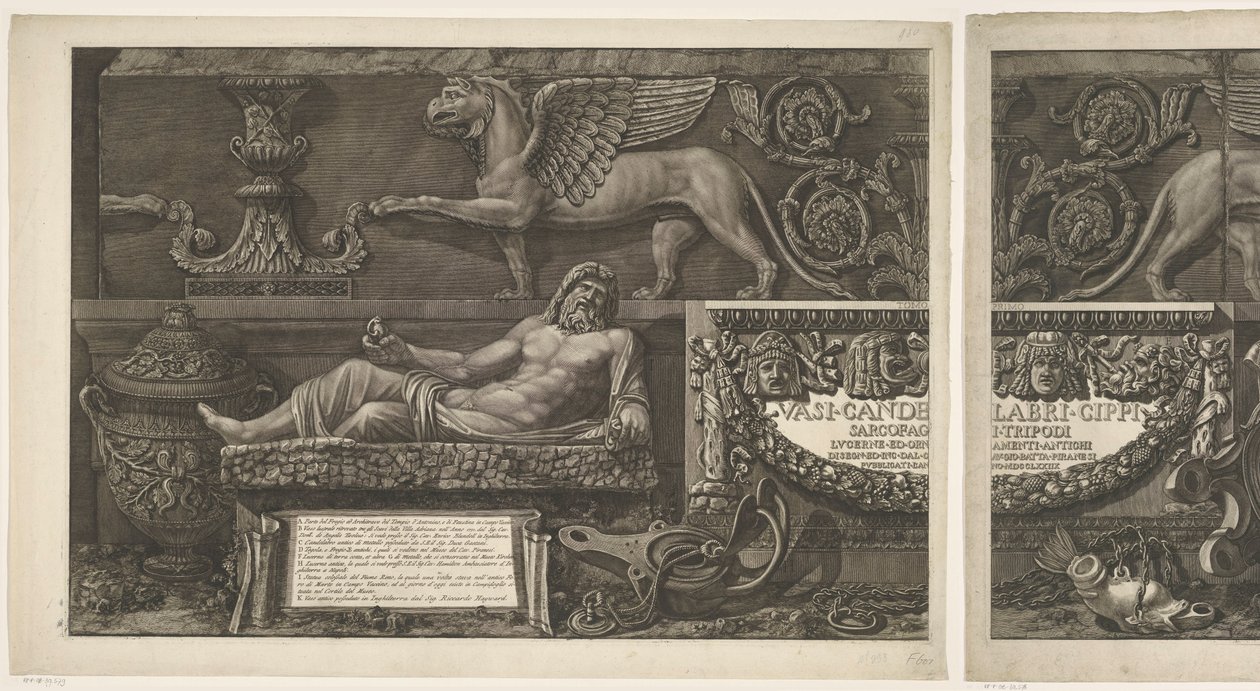 Impressão do título com esculturas, relevos esculpidos e um sarcófago com título Vasos, castiçais, lápides, sarcófagos, tripés, luminárias e ornamentos desenhados e gravados por Giovanni Battista Piranesi (título da série) Vasi, candelabros, cippi, sarcófa de Giovanni Battista Piranesi