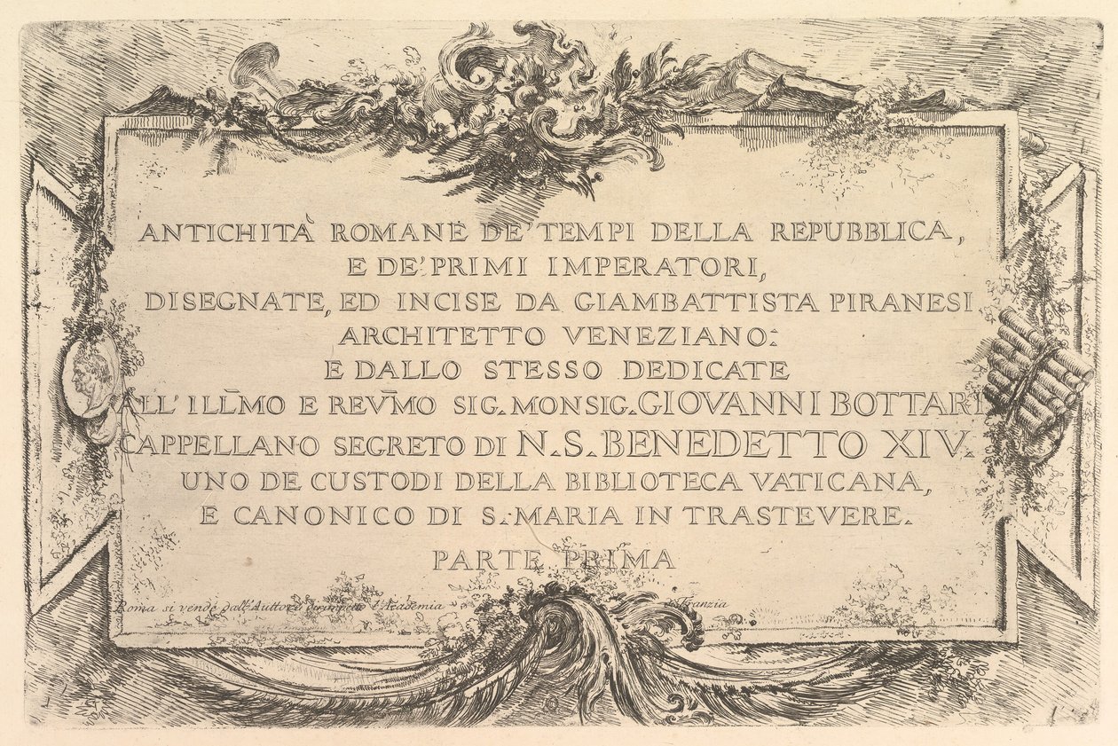Folha de rosto: Antiguidade Romana do Tempo da República e dos Primeiros Imperadores Antiguidade..., ca. 1748. de Giovanni Battista Piranesi