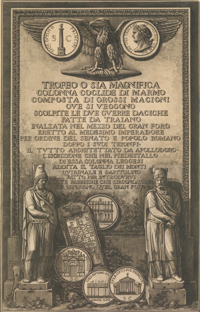 Folha de rosto com águia, moeda com imagem da Coluna de Trajano, esculturas clássicas, 1774-79. de Giovanni Battista Piranesi