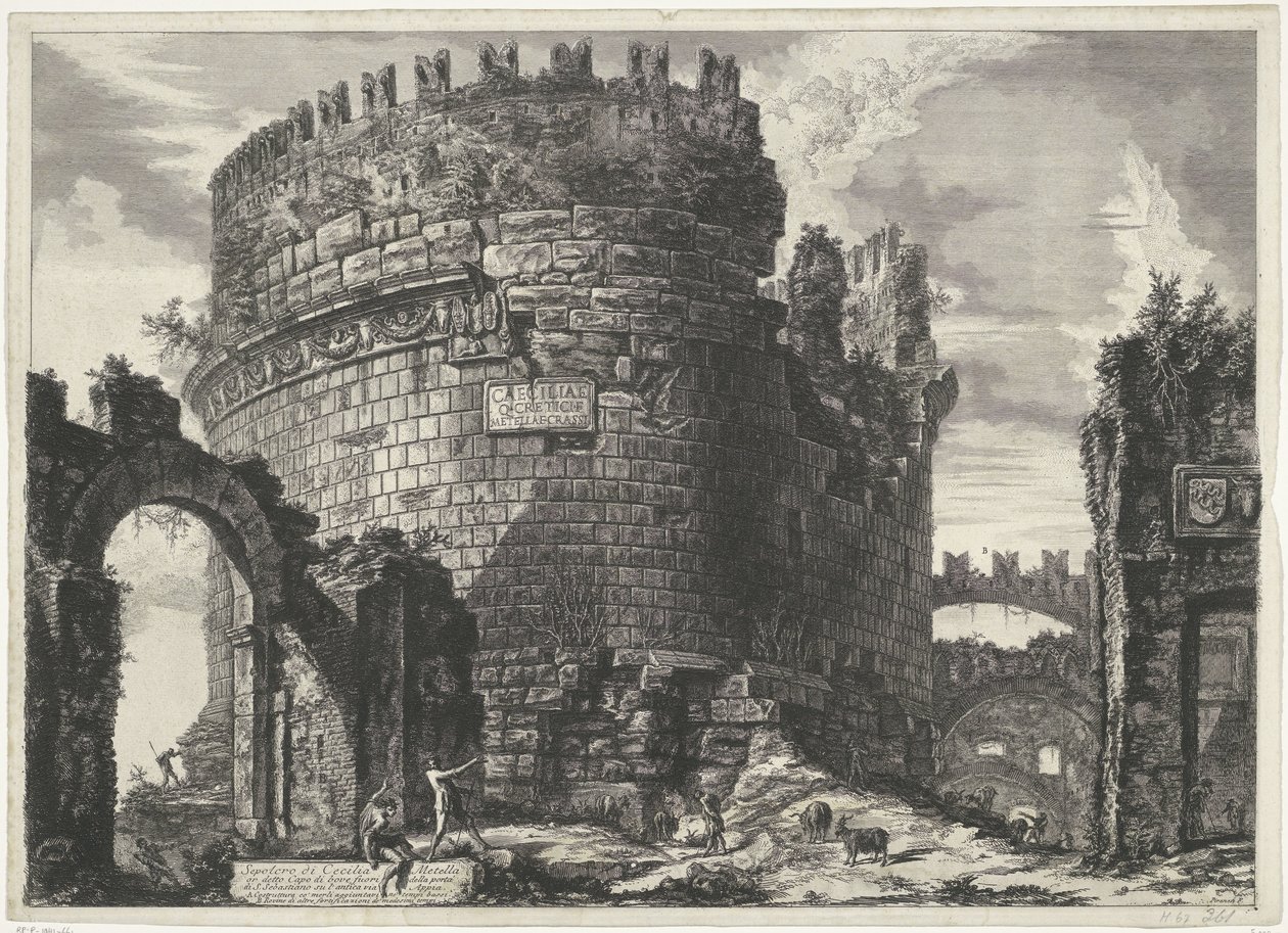 Tombe van Caecilia Metella em Roma Tumba de Cecilia Metell (...) (título no objeto) Gezichten op Rome (título da série) Vistas de Roma projetadas e gravadas pelo arquiteto Giambattista Piranesi Ve (nez) iano (título da série) de Giovanni Battista Piranesi