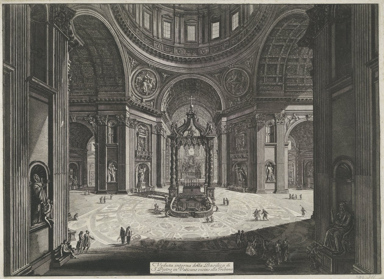 Transept van de Sint-Pietersbasiliek te Vaticaanstad Vista interior da Basílica de São Pedro no Vaticano perto da Tribuna (título no objeto) Gezichten op Rome (título da série) Vistas de Roma projetadas e gravadas pelo arquiteto Giambattista Piranesi Ve ( de Giovanni Battista Piranesi